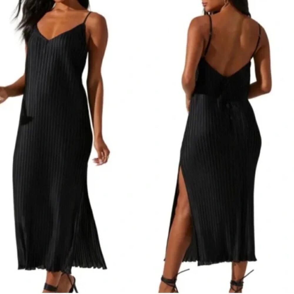 ASTR the Label Pleated Black Midi Dress V-neck Slit Cocktail Maxi Size M